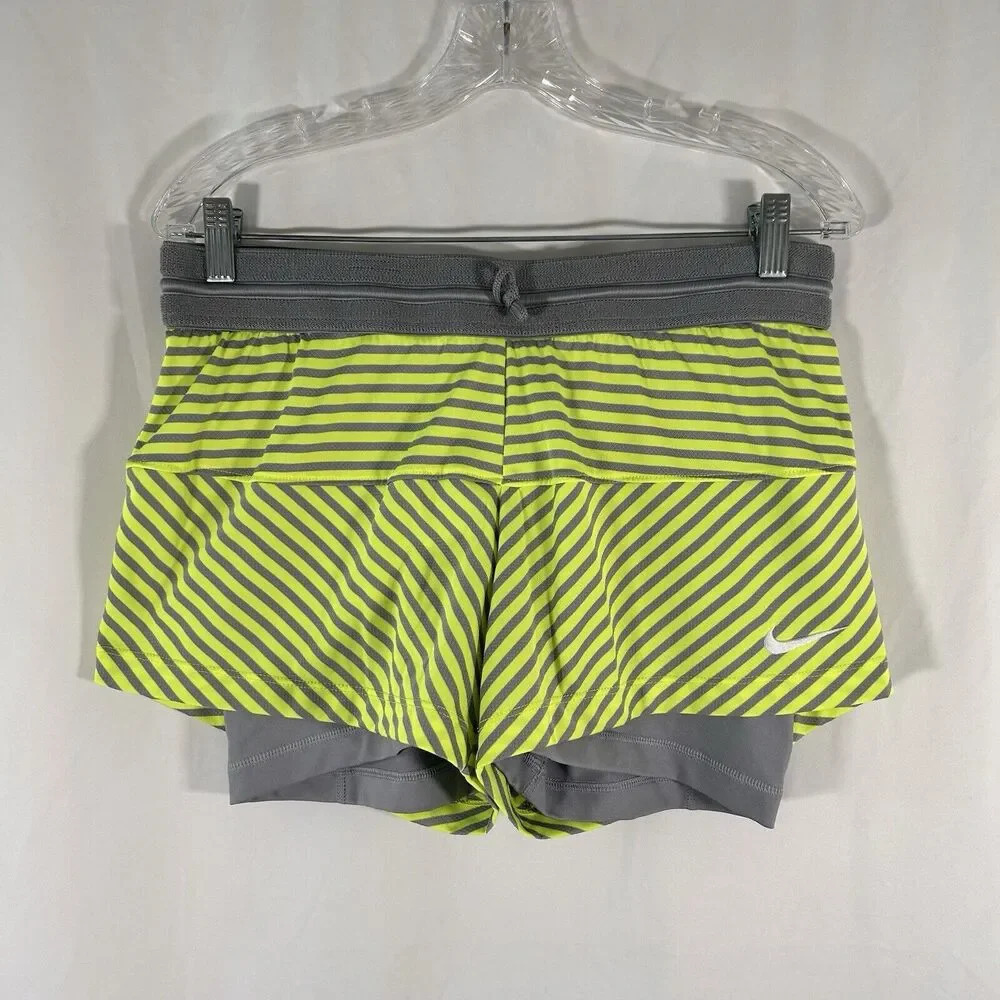 Nike Running Shorts Women's Medium Yellow Striped Elastic Waist Dri-Fit Lined